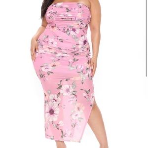 Mauve, strapless, floral maxi dress with split